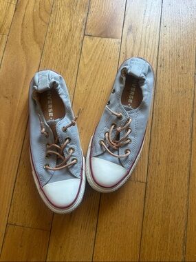 Converse Kids Light Gray Canvas Slip-On Sneakers with Pink Trim. Women size 8